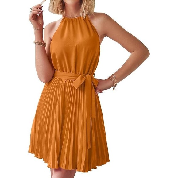 Halter Neck Summer Dresses Resort Sleeveless Sundress Belt Pleated A-Line - Picture 1 of 10